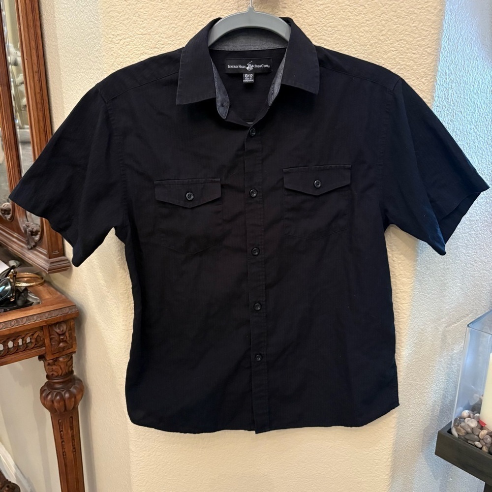 BEVERLY HILLS POLO CLUB Boys Black Short Sleeve Button Shirt Size 10/12